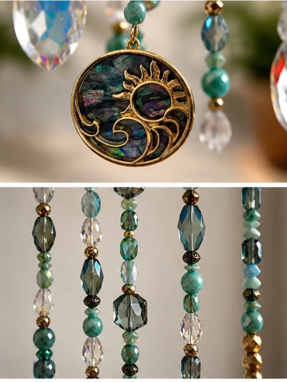 Handmade Beaded Wall Hanging - Turquoise & Gold Suncatcher